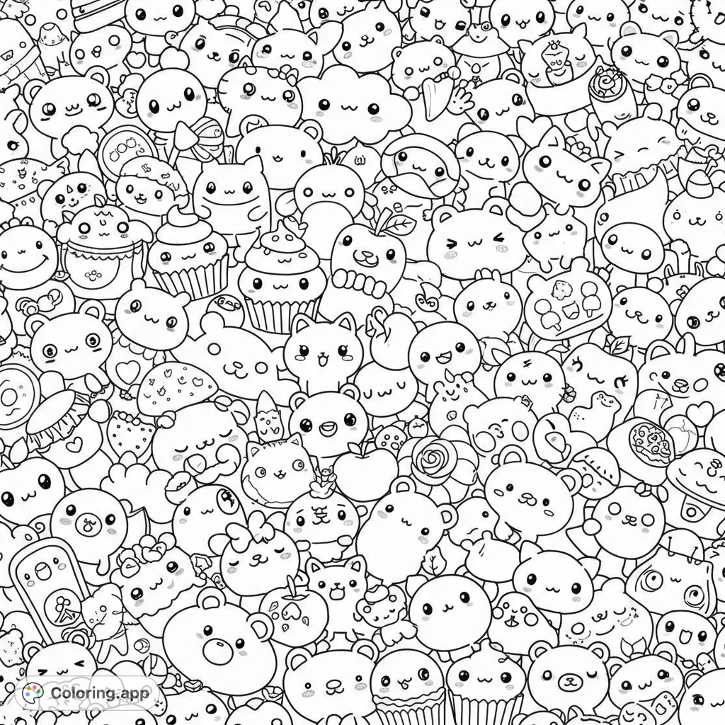 Dive into a delightful world of cute with this kawaii objects coloring page! A charming collage of smiling stars, happy clouds, and sweet treats awaits your creative touch.