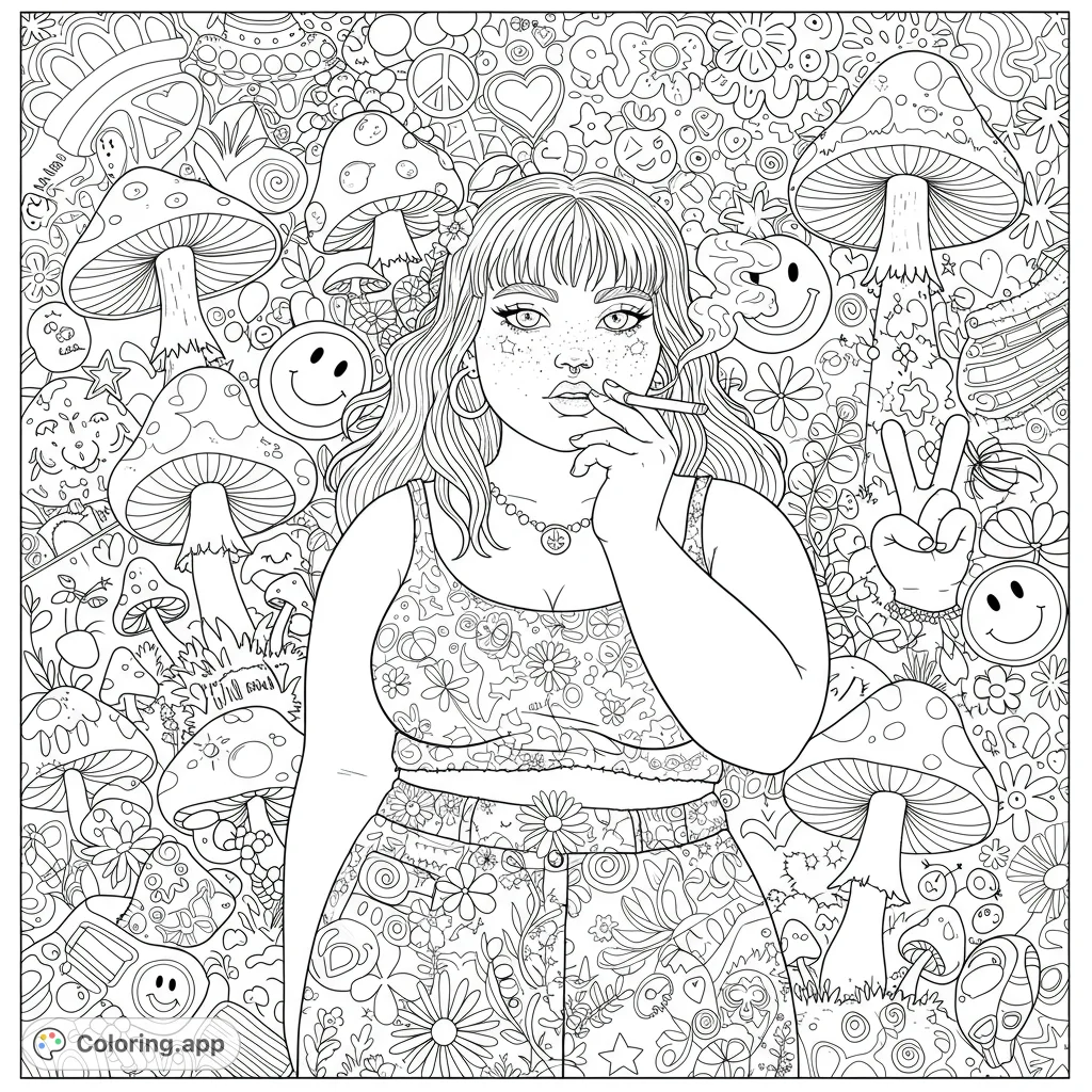 Dive into a trippy hippie coloring page featuring a cool girl amidst a vibrant psychedelic mushroom forest, peace signs, and smiley faces. Perfect for adults.