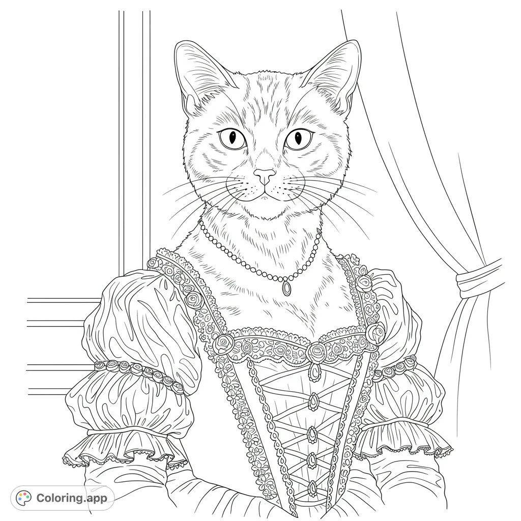 An elegant female cat in a detailed ball gown, presented as a classic bust portrait. Perfect for colorists seeking a sophisticated and charming subject.