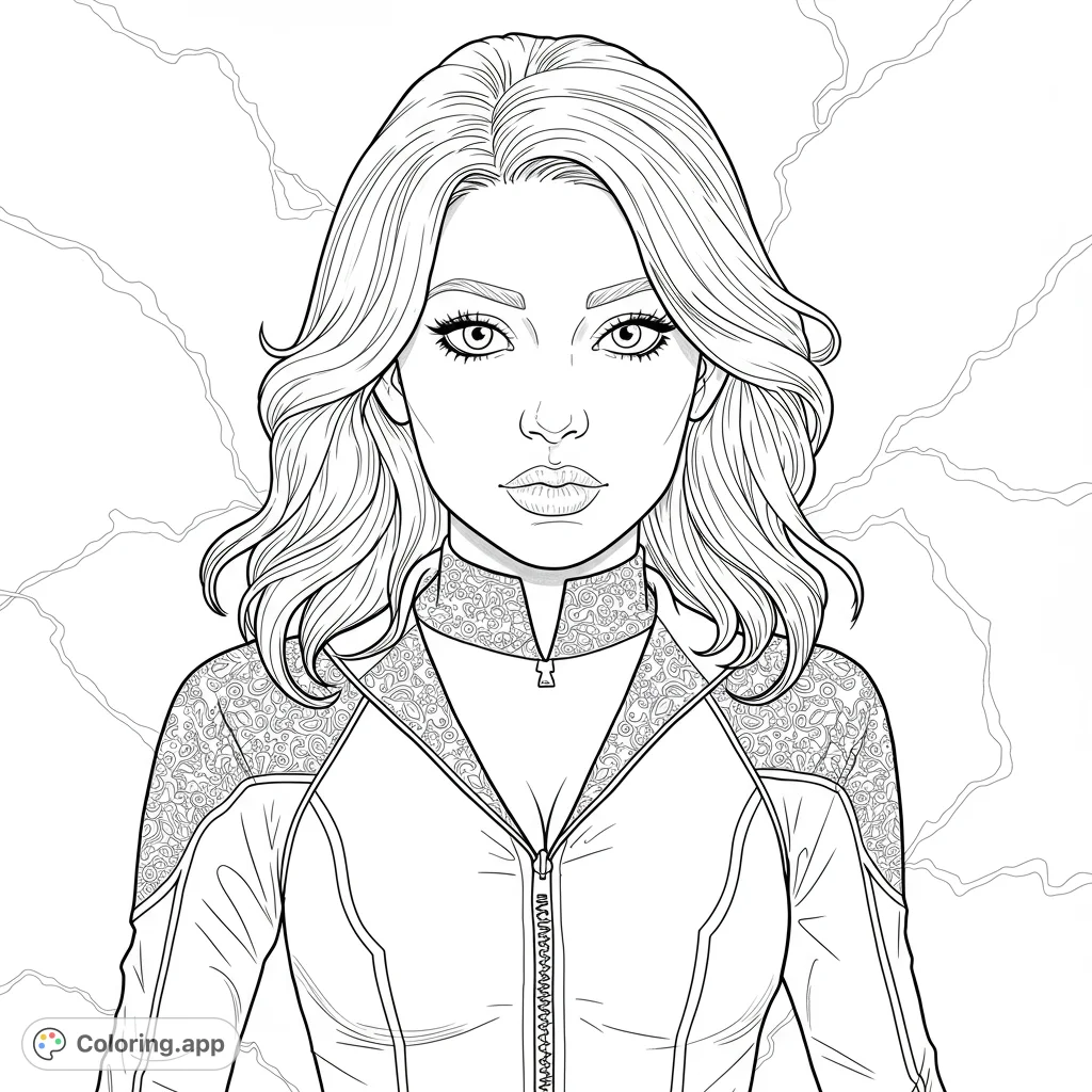Color a powerful heroine with intricate suit details and a dynamic energy background. A free printable superheroine coloring page for all ages.