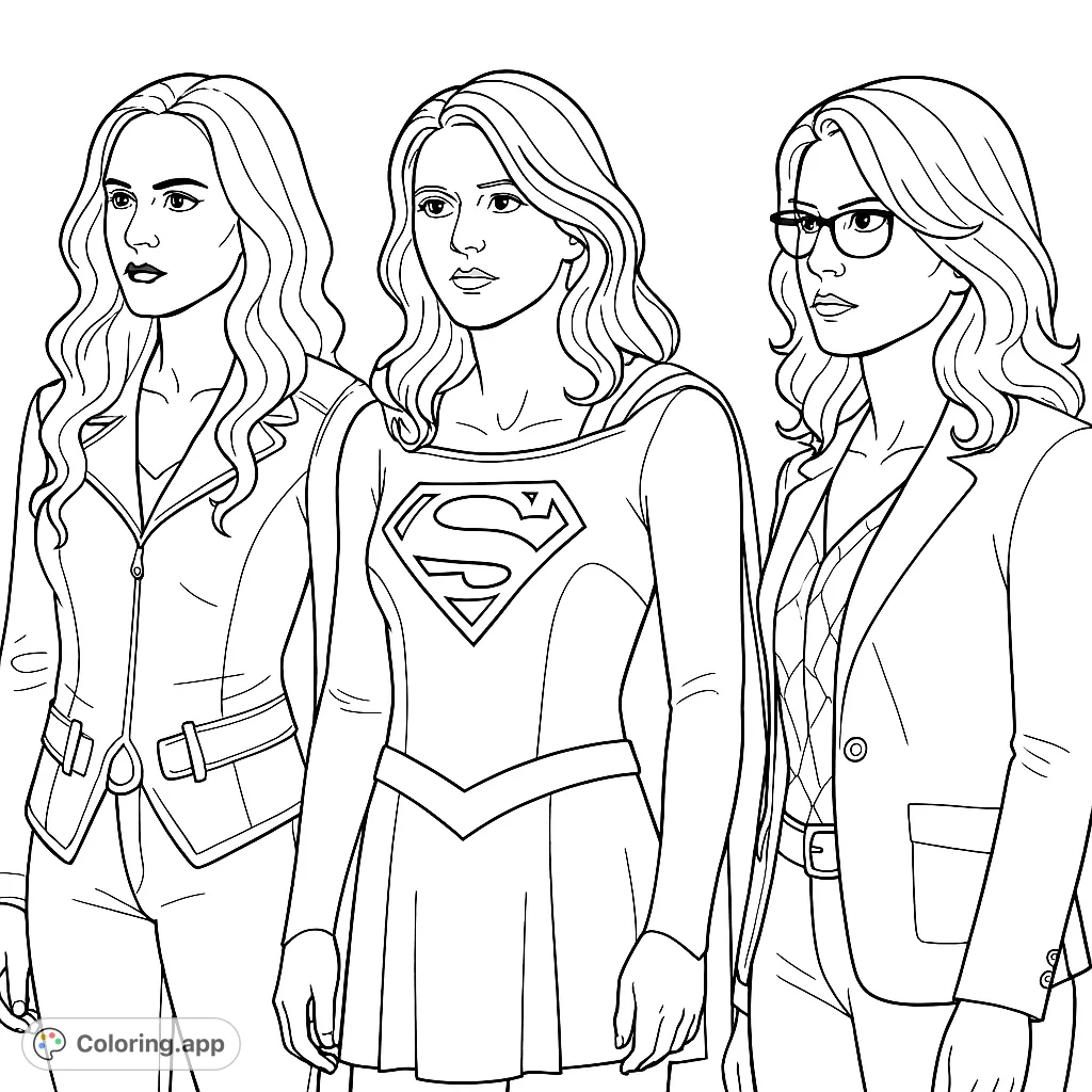 Empowering Supergirl coloring page featuring the iconic hero and her two strong allies. Free printable for fans of all ages.
