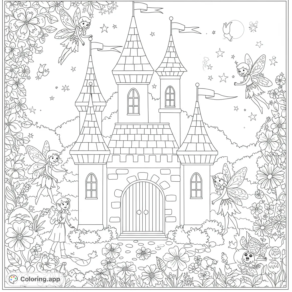 Explore an enchanted fairy tale castle surrounded by whimsical flowers and playful fairies. A magical free printable coloring page for all ages.