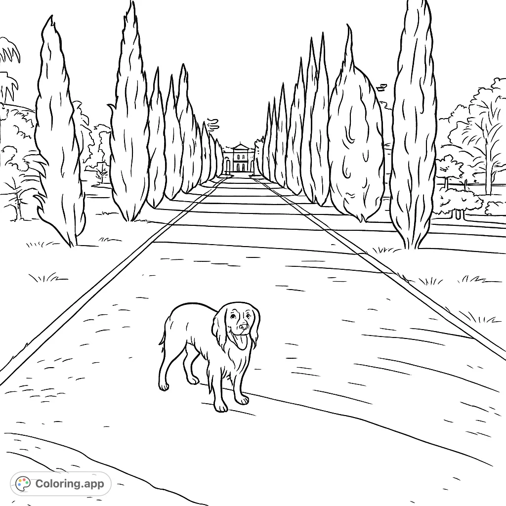 A charming dog stands on a grand path lined with tall cypress trees leading to a distant estate. Perfect for dog lovers and nature enthusiasts.