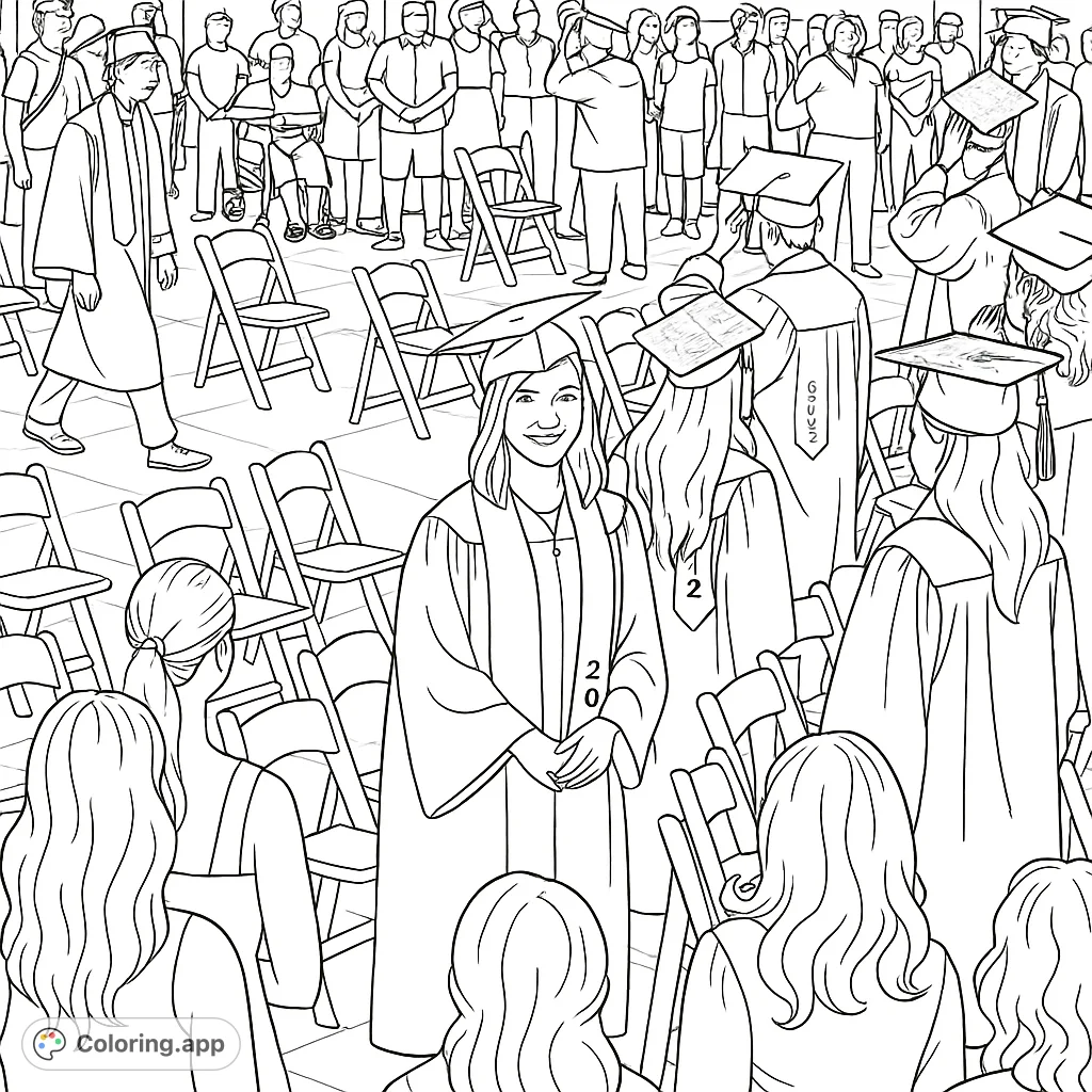 Celebrate academic achievement with this detailed graduation ceremony coloring page, featuring graduates and a cheering crowd.