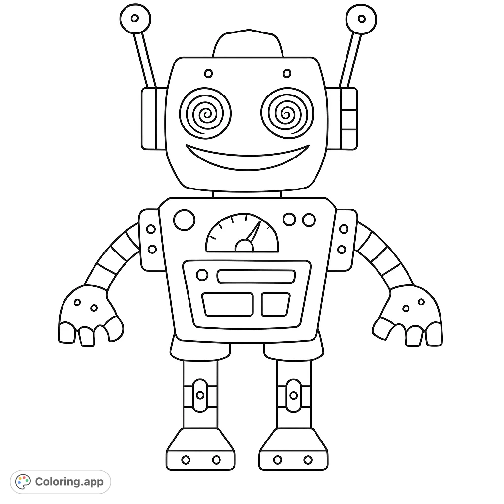 A charming retro robot coloring page with spiral eyes and a friendly smile, perfect for kids and adults. Free printable robot coloring page fun!