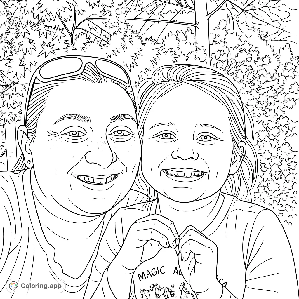 A heartwarming family coloring page featuring a smiling woman and child, perfect for all ages. Free printable fun!