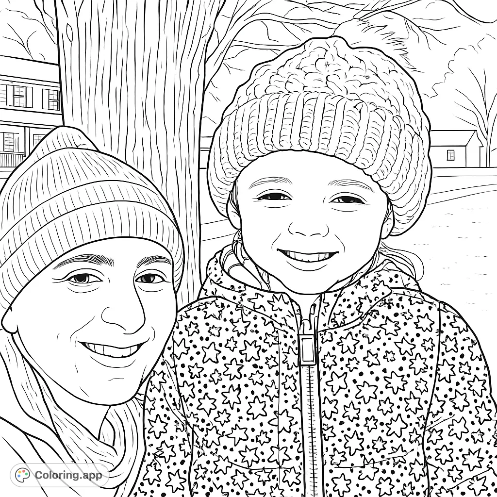 A heartwarming winter portrait of two smiling individuals in cozy hats and jackets, perfect for a free printable winter coloring page. Capture the joy!