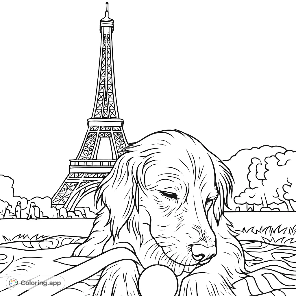 A charming Paris coloring page featuring a peaceful dog with the iconic Eiffel Tower in the background. Free printable coloring page for all ages.