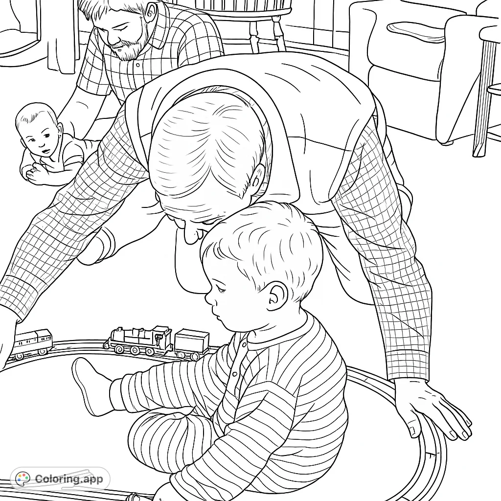A heartwarming family train playtime coloring page featuring a grandparent and two babies, perfect for all ages. Free printable coloring page for family fun!