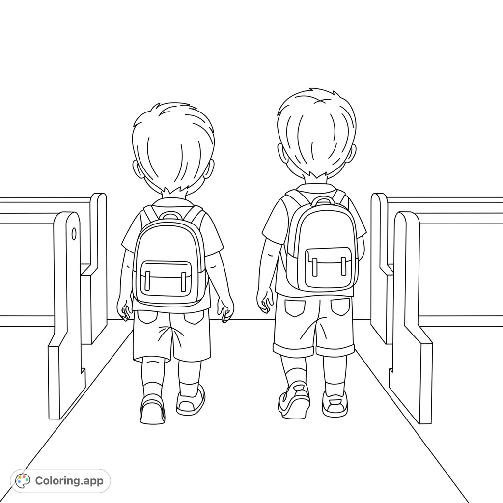 Two boys with backpacks walk down an aisle, ready for adventure. A free printable school-themed coloring page for kids, perfect for back-to-school fun.