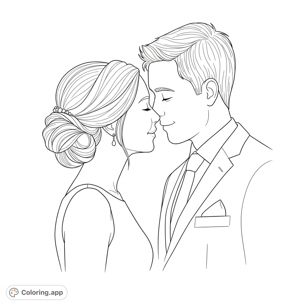 A beautiful wedding coloring page featuring a bride and groom in a tender profile kiss. Perfect for celebrating love and special occasions.