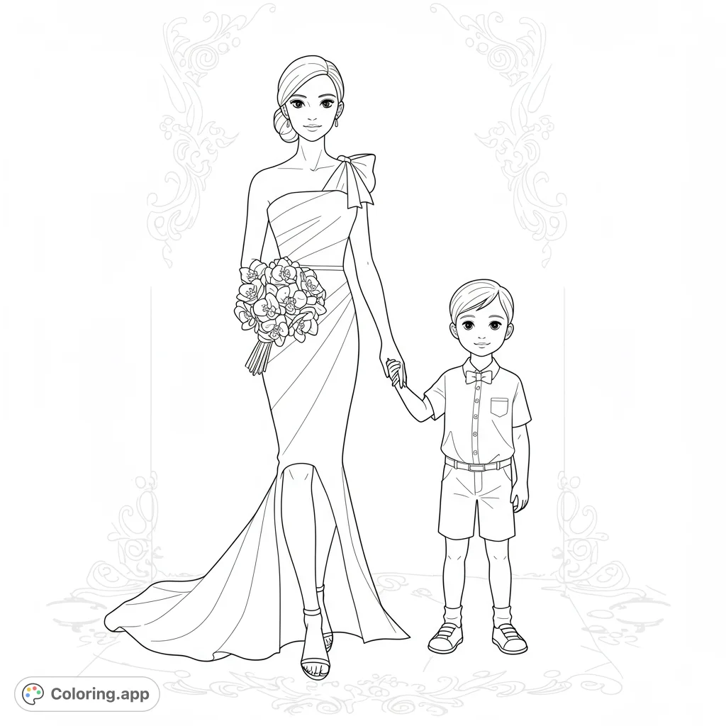 A beautiful wedding coloring page featuring a bride in an elegant dress holding hands with a charming young ring bearer. Perfect for celebrating special moments.