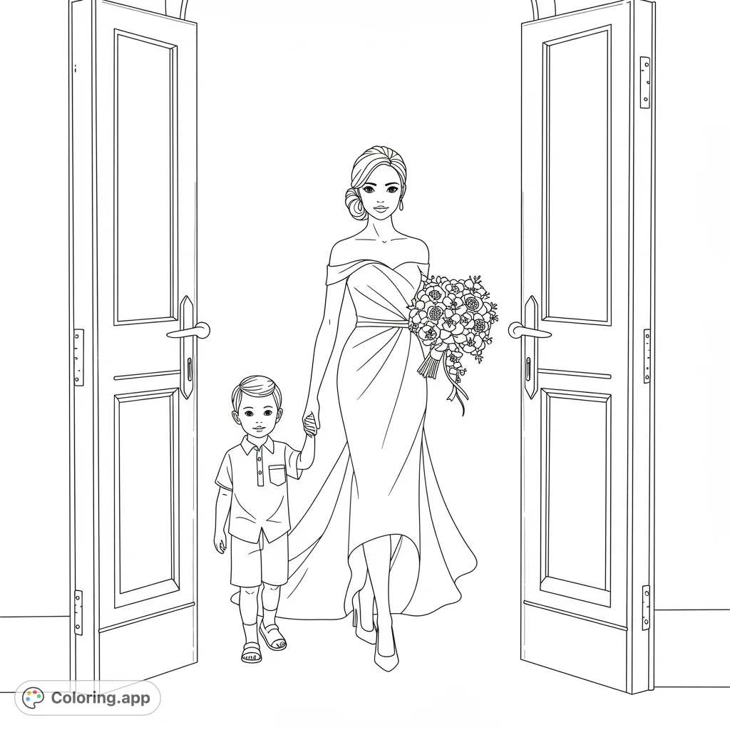 A heartwarming wedding coloring page featuring a bride in an elegant dress holding hands with a charming ring bearer, walking through grand doors.