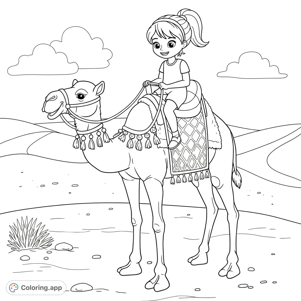 A cheerful girl on a majestic camel in a desert landscape, ready for a coloring adventure. Perfect for kids and adults seeking a fun, free printable coloring page.