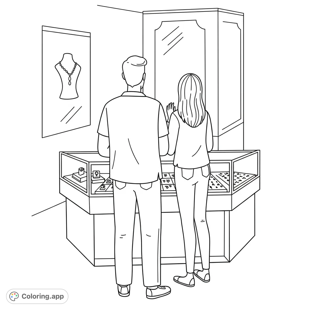 Explore a detailed jewelry store scene with a couple browsing sparkling displays. A free printable shopping coloring page for all ages.