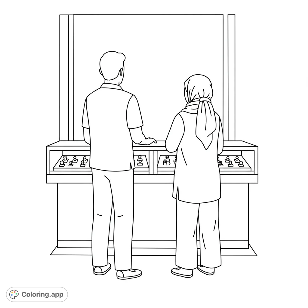 A man and woman observe items in a shop display case. Perfect for a shopping-themed coloring page, offering a free printable coloring page for all ages.