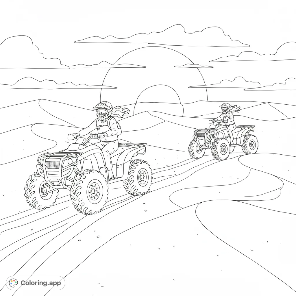 Thrilling desert ATV adventure coloring page featuring two riders speeding across sand dunes under a setting sun. Perfect for action-packed creativity!