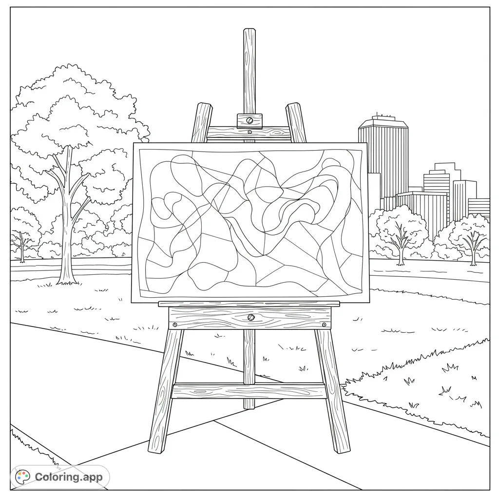 An artistic Little Rock coloring page featuring an easel with abstract art, set against a park and the city skyline. A free printable coloring page for all ages.