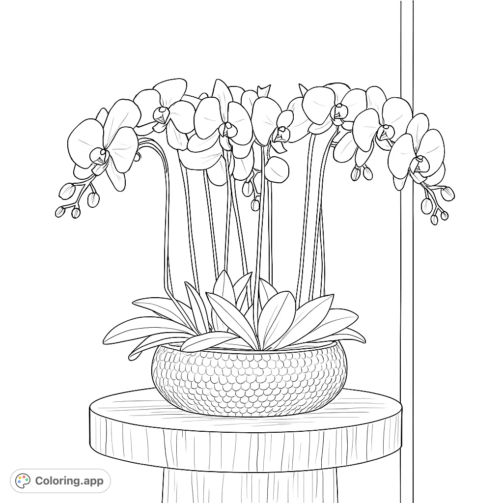 Discover an elegant orchid coloring page featuring a beautiful potted plant with multiple blooms and buds on a textured table. A free printable coloring page for all ages.