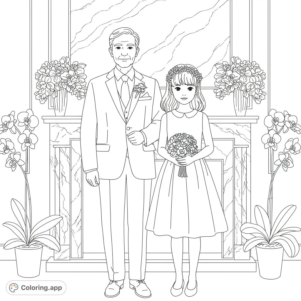 An elegant wedding scene featuring a man in a suit and a flower girl with a bouquet, set against a grand fireplace. Perfect for celebrating special bonds.