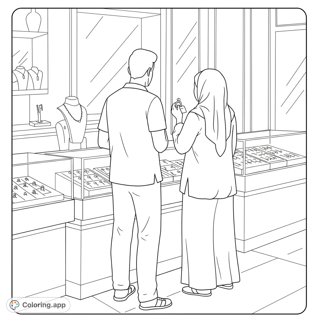 A man and woman browse a detailed jewelry store, with the woman examining a ring. A perfect shopping-themed free printable coloring page.