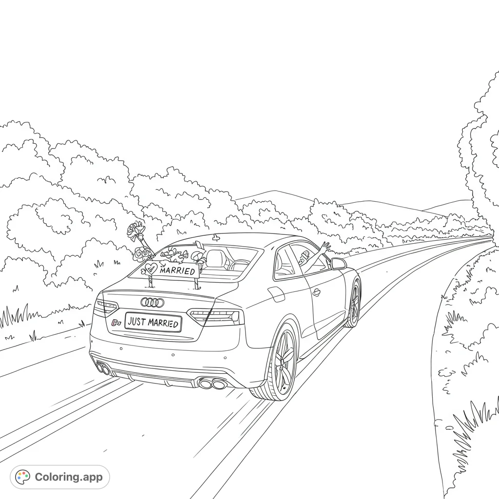 Celebrate love with this free printable Just Married Audi coloring page! A sleek coupe drives away, adorned with a sign and cans, perfect for all ages.