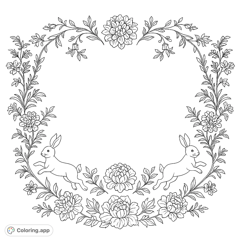 An elegant floral frame with leaping rabbits, perfect for a nature-themed coloring page. Intricate flowers and vines offer a delightful coloring experience.