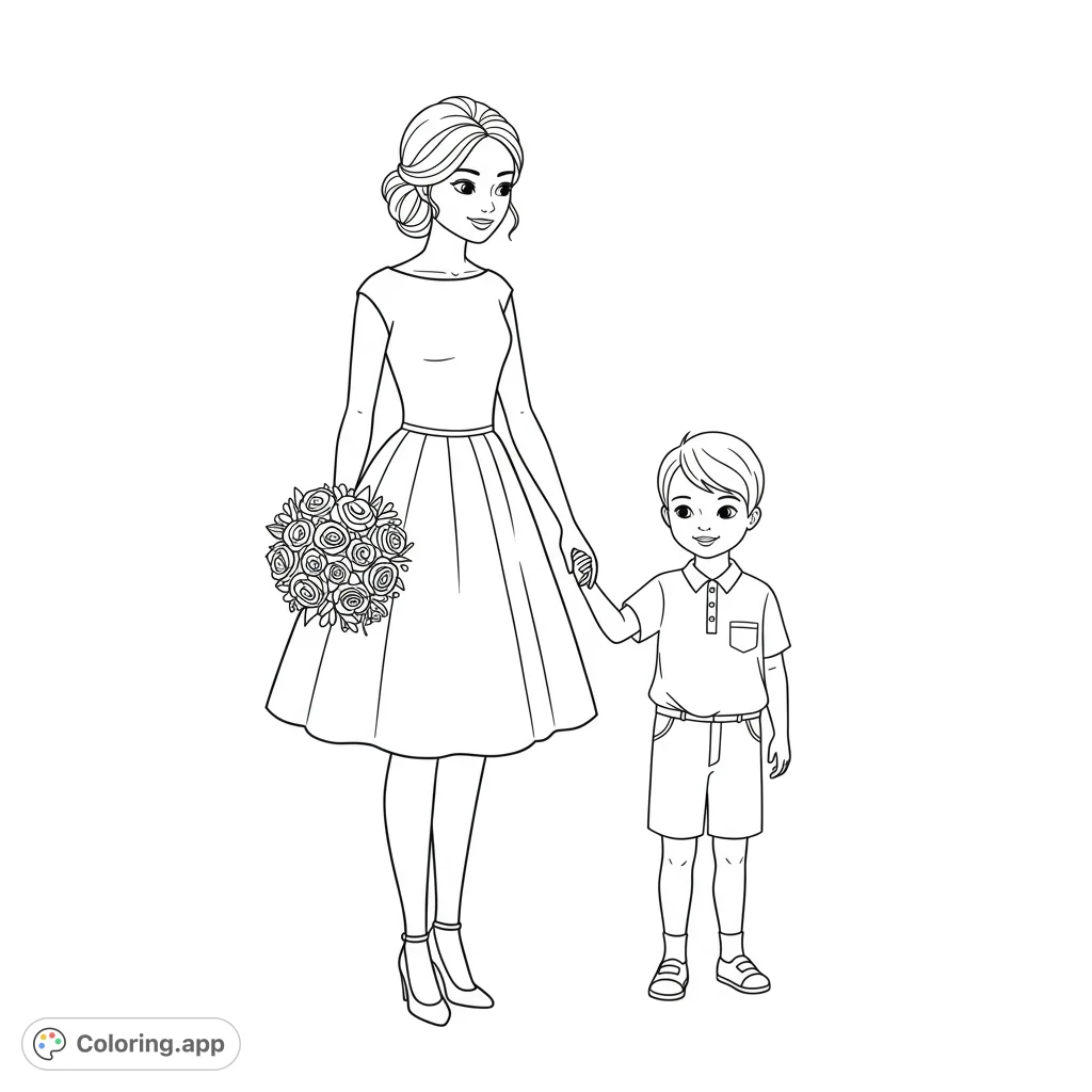 A heartwarming mother and son coloring page, perfect for family fun. Features a woman in a dress holding a bouquet, hand-in-hand with a smiling boy.