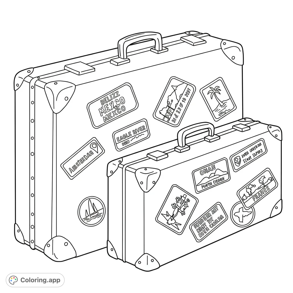 Explore the world with this vintage travel suitcases coloring page, adorned with unique destination stickers. A free printable coloring page for all ages.