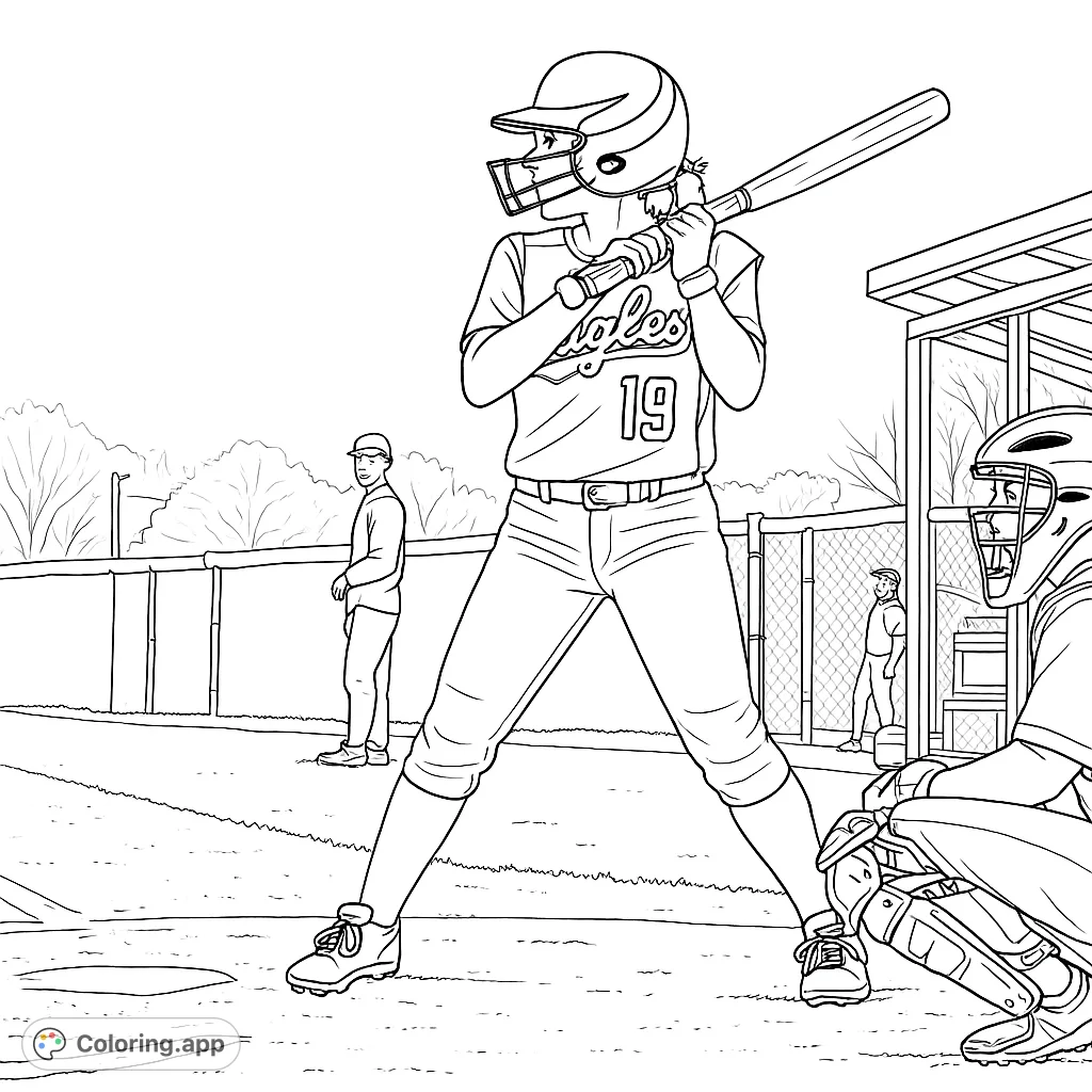 Dynamic softball player at bat, ready to swing, with a catcher and teammates on the field. A free printable sports coloring page.