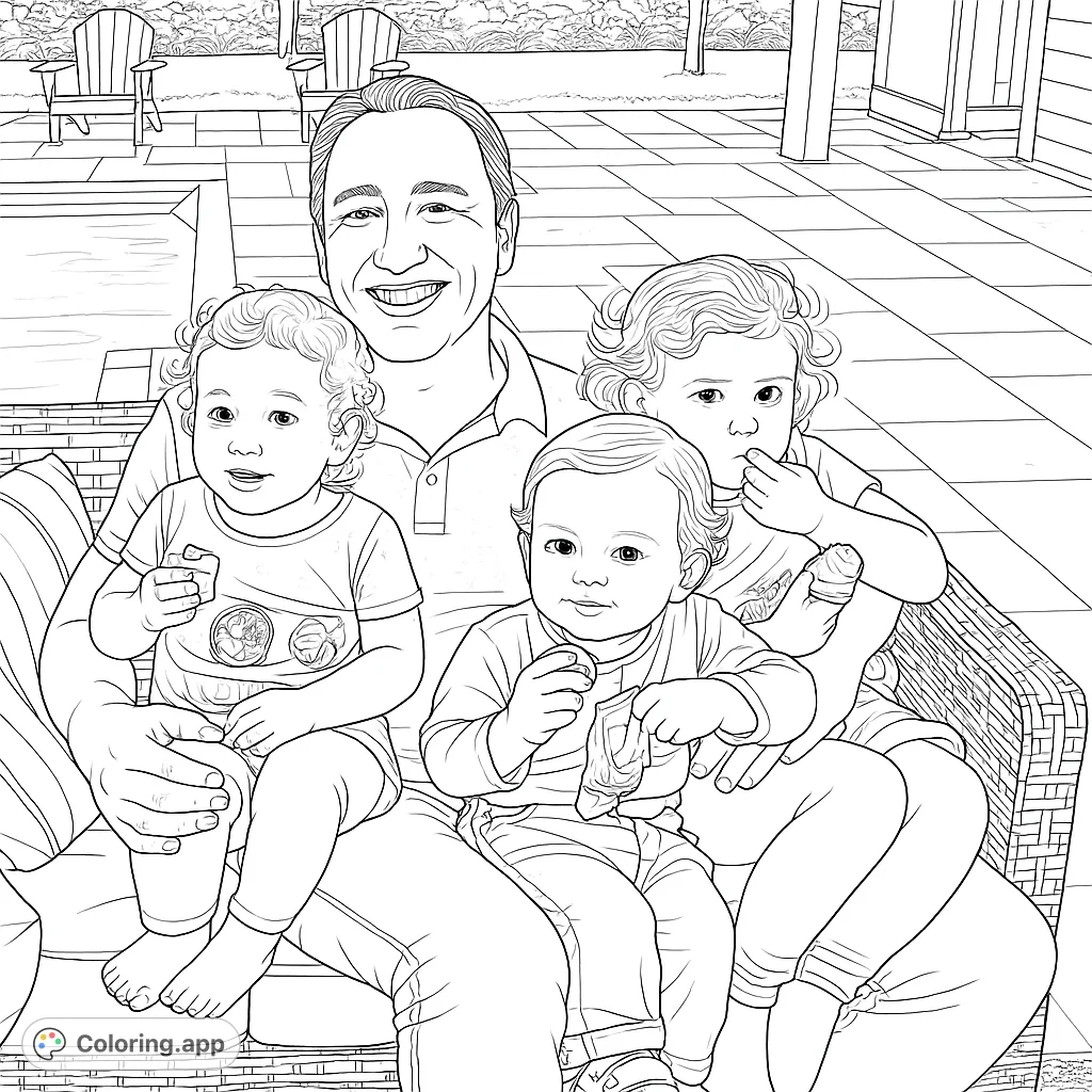 A heartwarming family coloring page featuring a smiling dad with three young children on a patio. Perfect for family bonding and creative expression.