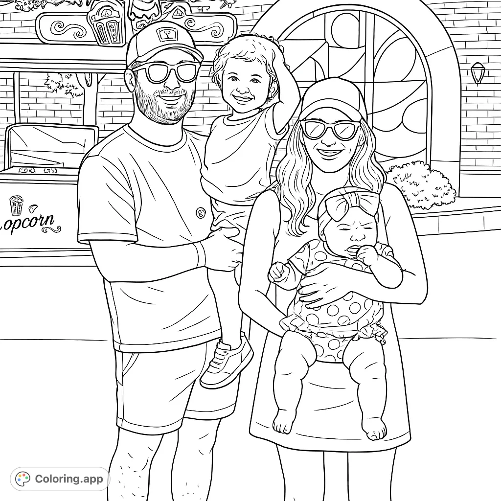 A heartwarming family outing coloring page featuring a happy family of four, perfect for all ages. Enjoy this free printable family coloring page!