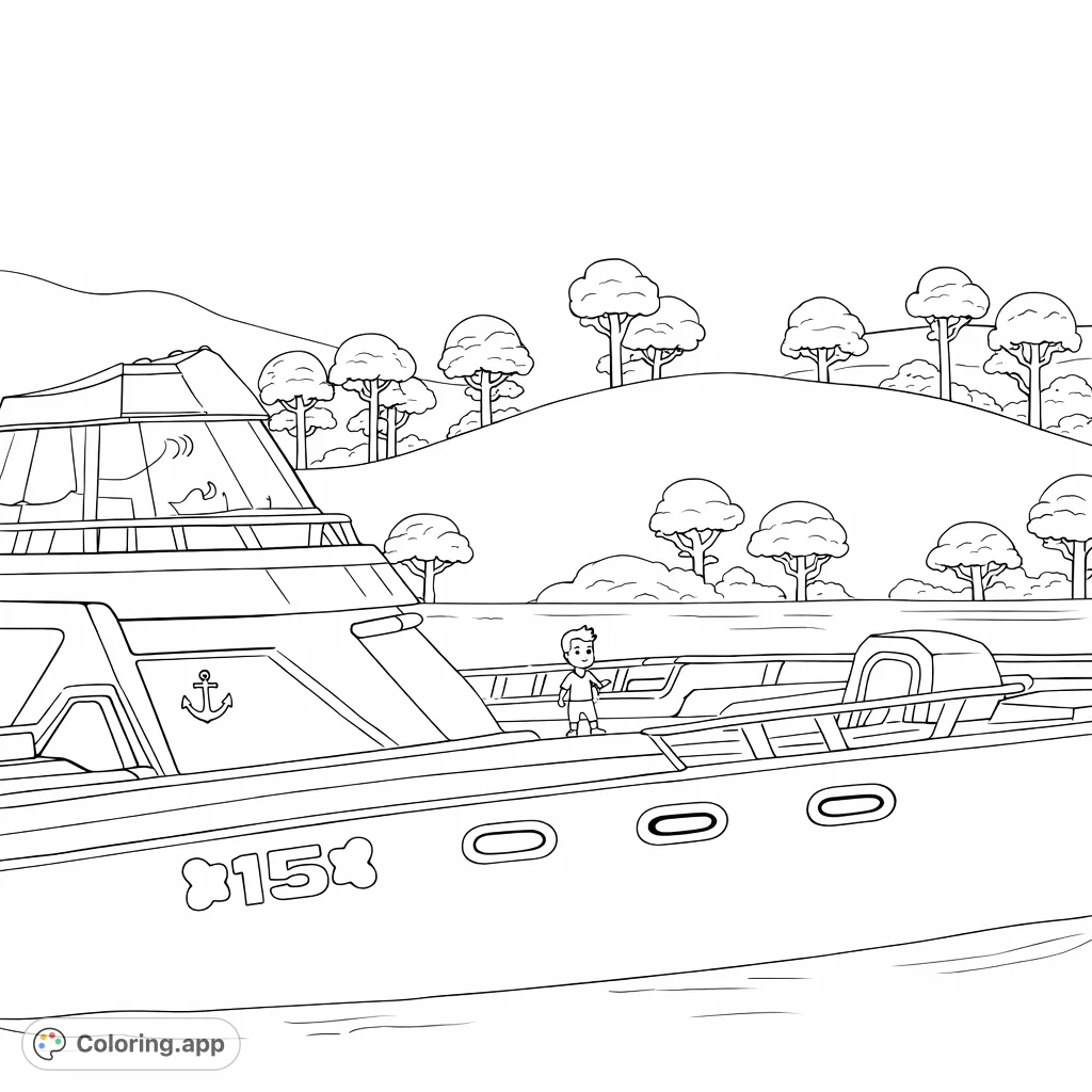 A grand adventure boat with a small captain navigates calm waters, surrounded by scenic hills and trees. Perfect for young explorers!