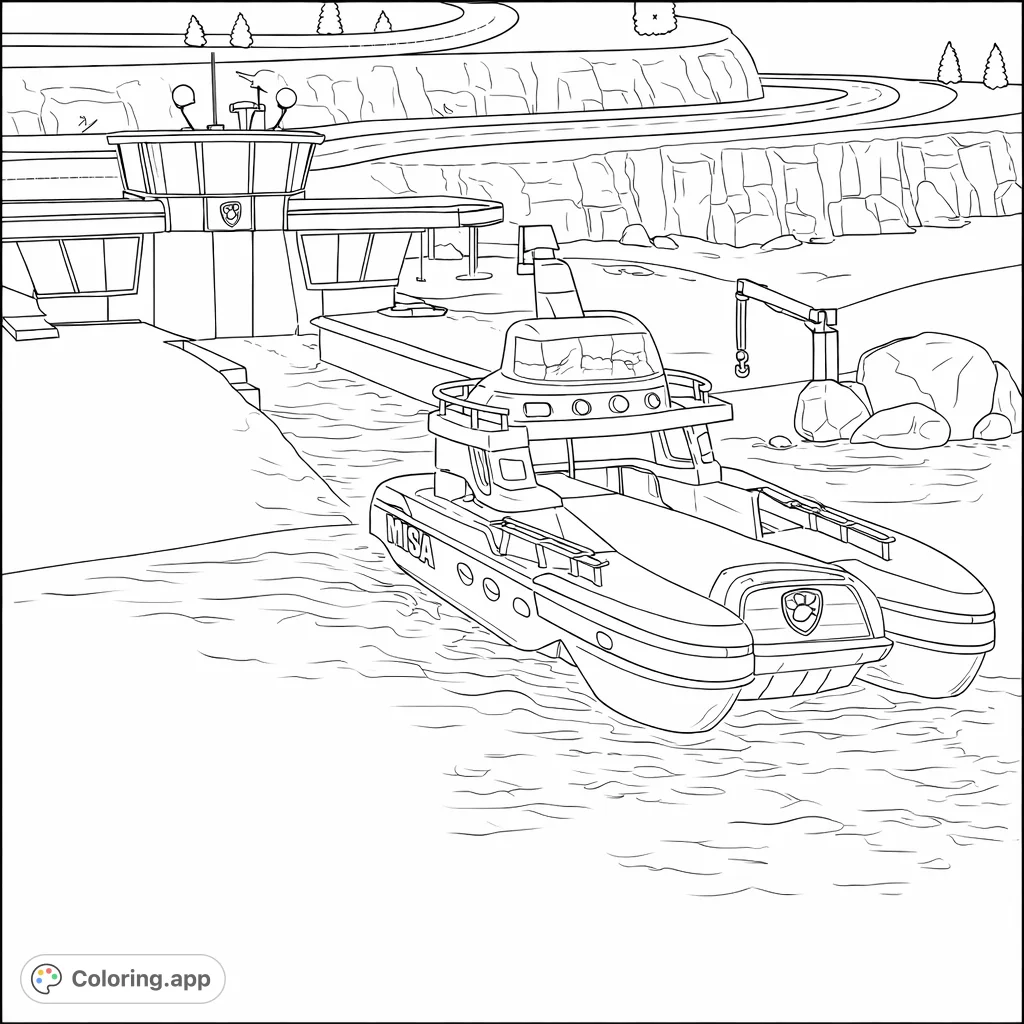 A dynamic rescue catamaran navigates the waters near its shore base, ready for any mission. Features an impressive boat and detailed coastal setting.