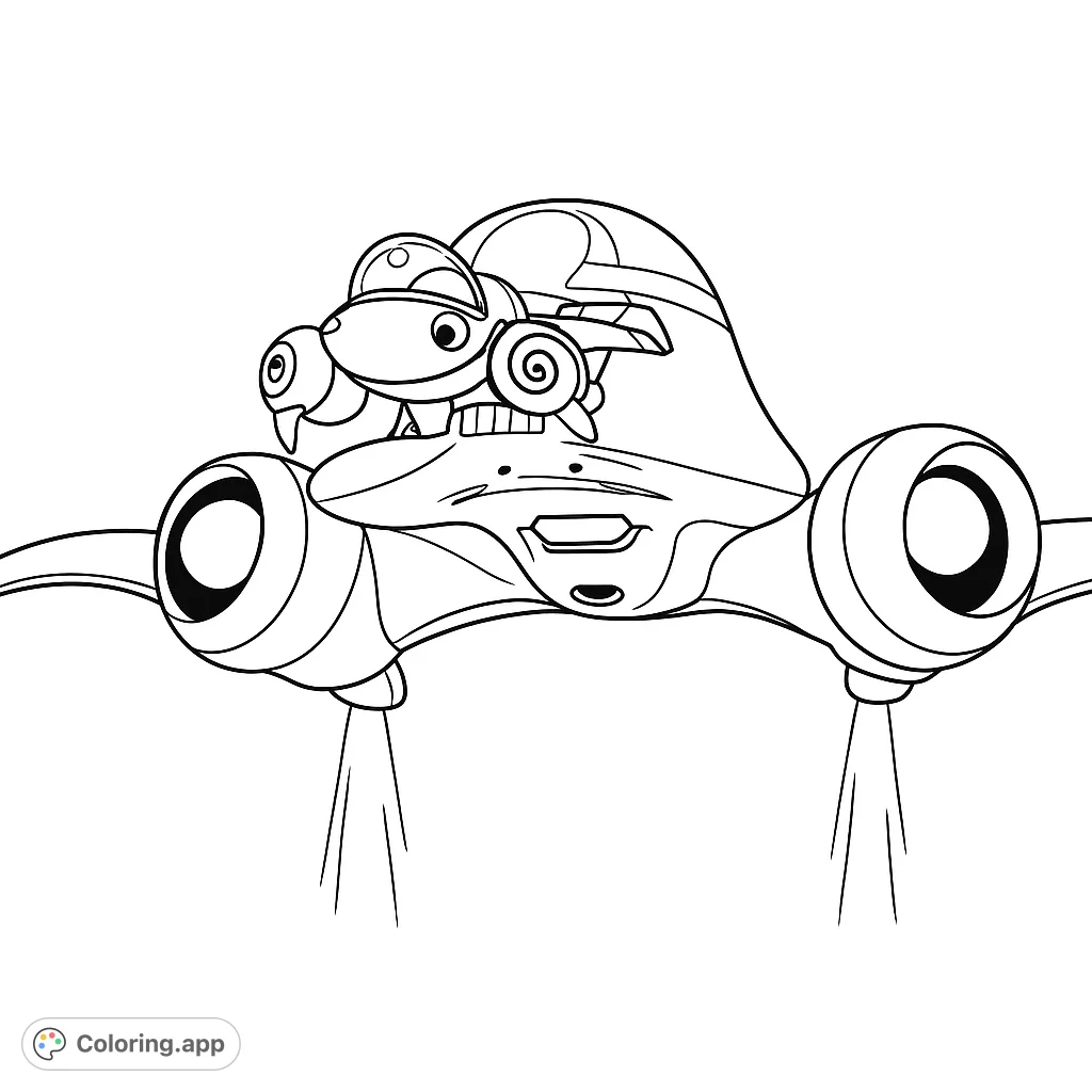 Soar through the stars with this futuristic vehicle coloring page! A cute pilot creature guides a sleek hovercraft with powerful engines.