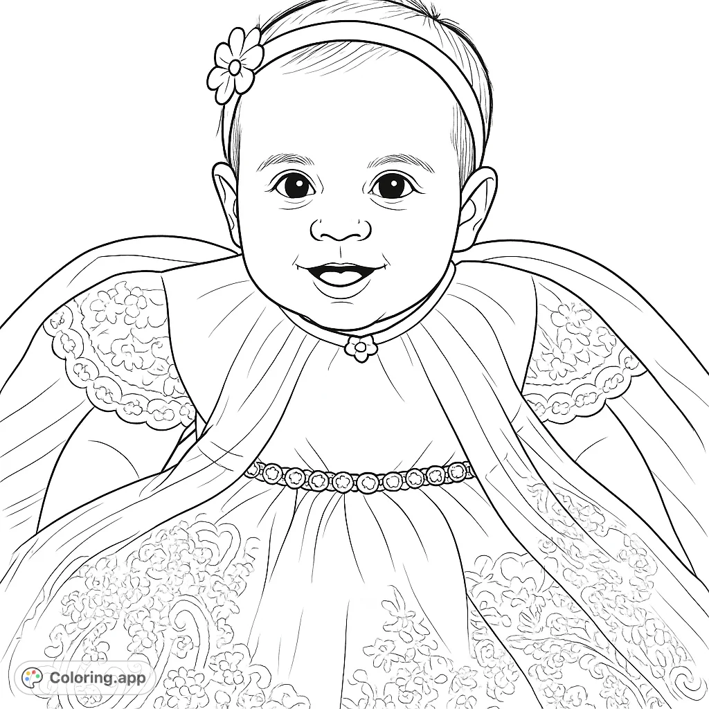 A sweet baby portrait in an elaborate christening gown, perfect for celebrating special moments. Features intricate lace and a joyful expression.