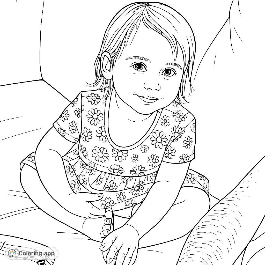 Adorable baby girl in a daisy dress, sitting sweetly. A charming free printable baby girl coloring page for kids and adults, perfect for gentle creativity.