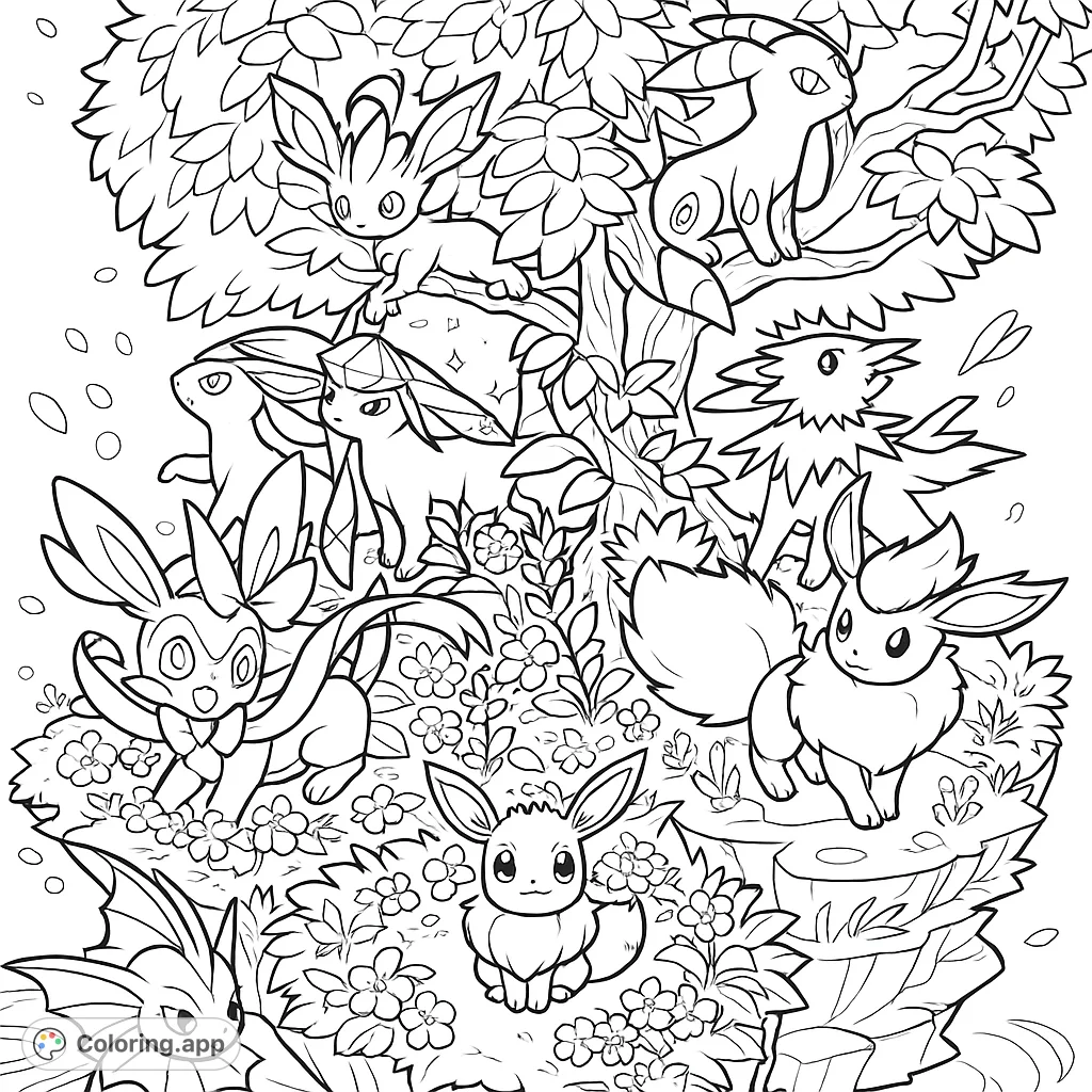 An enchanting Eeveelution forest gathering coloring page featuring Eevee and all its evolutions amidst lush foliage and flowers. A free printable coloring page for fans.