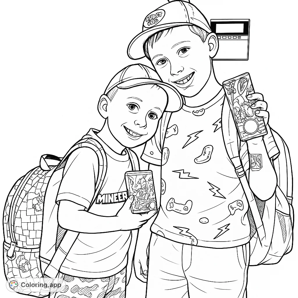 A free printable coloring page featuring two smiling boys with backpacks, holding game cards. Perfect for kids and fans of gaming themes.