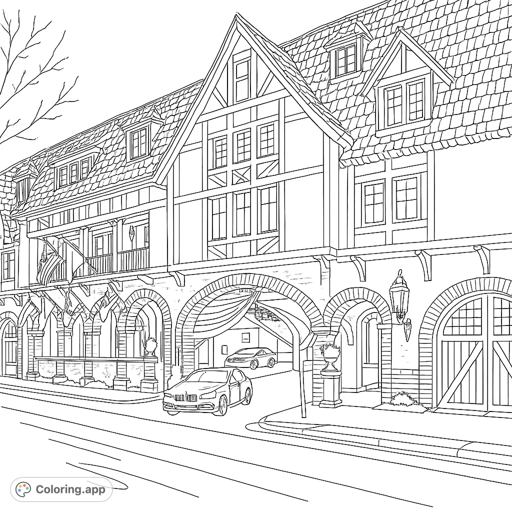 Detailed Tudor-style building with arched entrances, classic cars, and a street scene. A grand architectural coloring page for all ages.