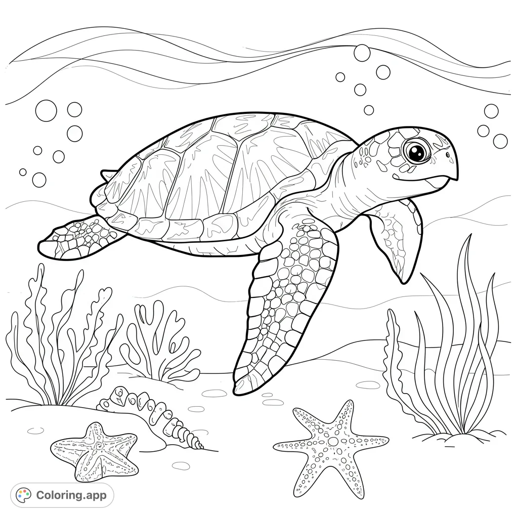 A majestic sea turtle swims through a vibrant underwater world, surrounded by detailed marine life and flowing seaweed. Perfect for ocean lovers.