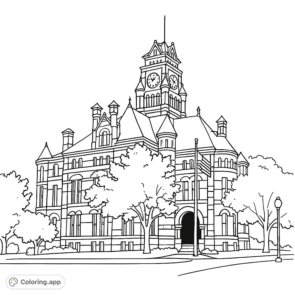 Color a grand historic courthouse with a majestic clock tower, intricate architecture, and lush trees. A detailed free printable coloring page.