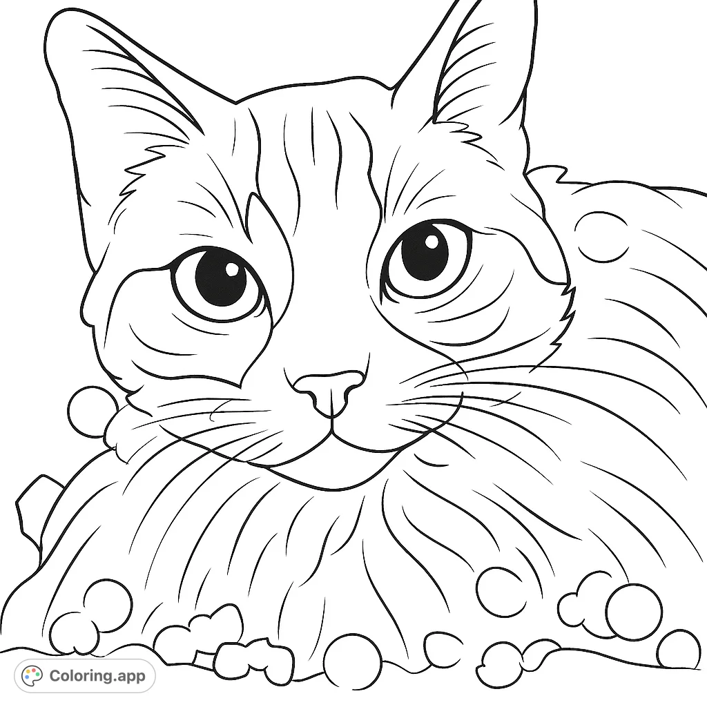 A charming cat portrait coloring page featuring a fluffy feline with expressive eyes, perfect for animal lovers of all ages.