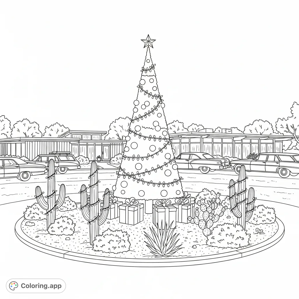 Experience a nostalgic 1975 Christmas circle in Anna Borrego Springs, California, with a decorated tree, desert plants, classic vehicles, and mid-century architecture.