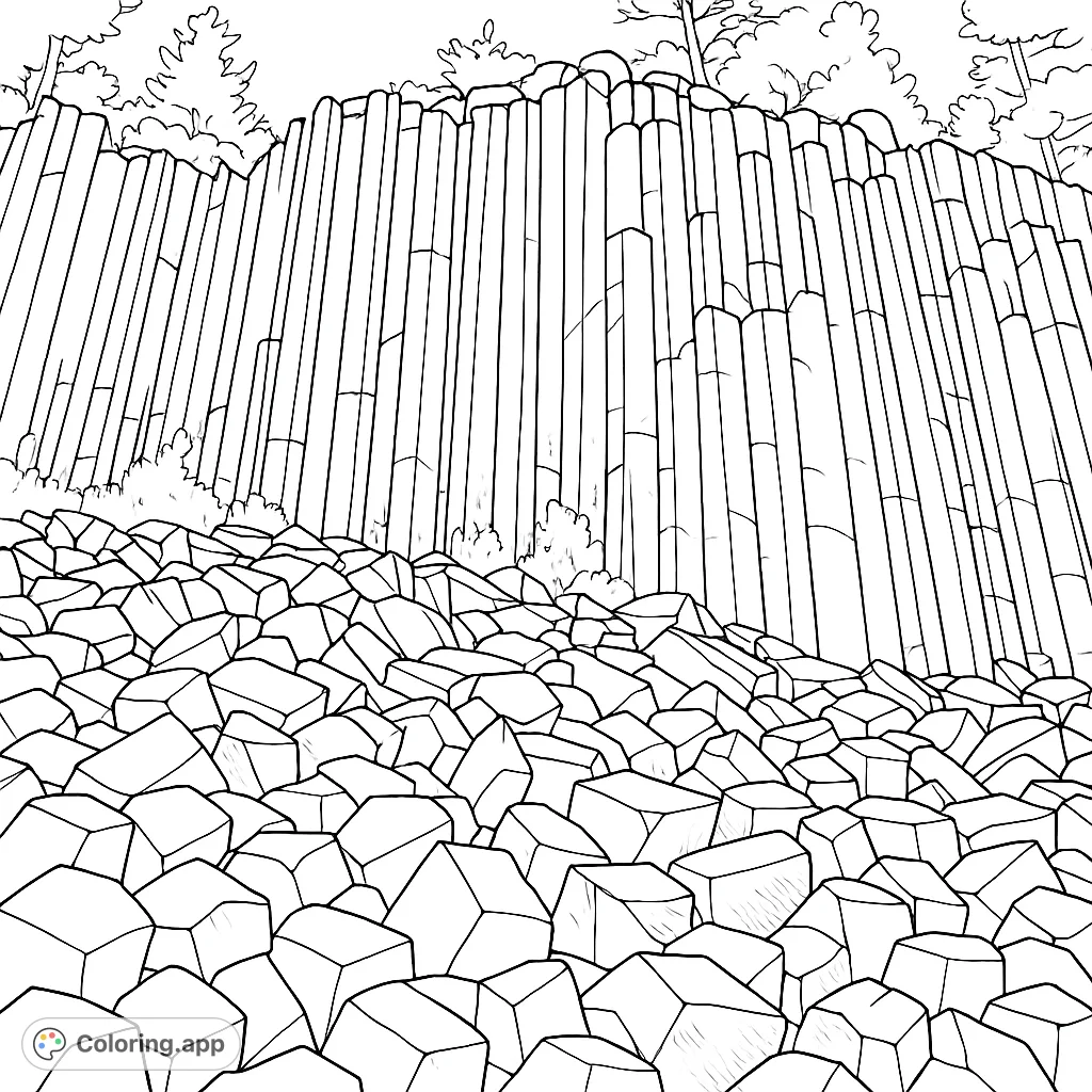Explore a stunning geometric basalt columns landscape. This intricate coloring page features towering rock formations and a rugged foreground, perfect for detailed shading.