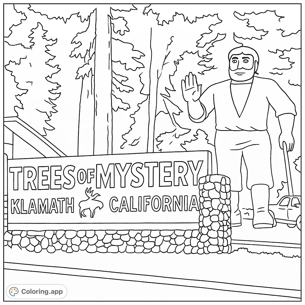 Color a whimsical scene featuring a giant lumberjack statue waving, a "Trees of Mystery" sign on a stone base, and a dense forest background.