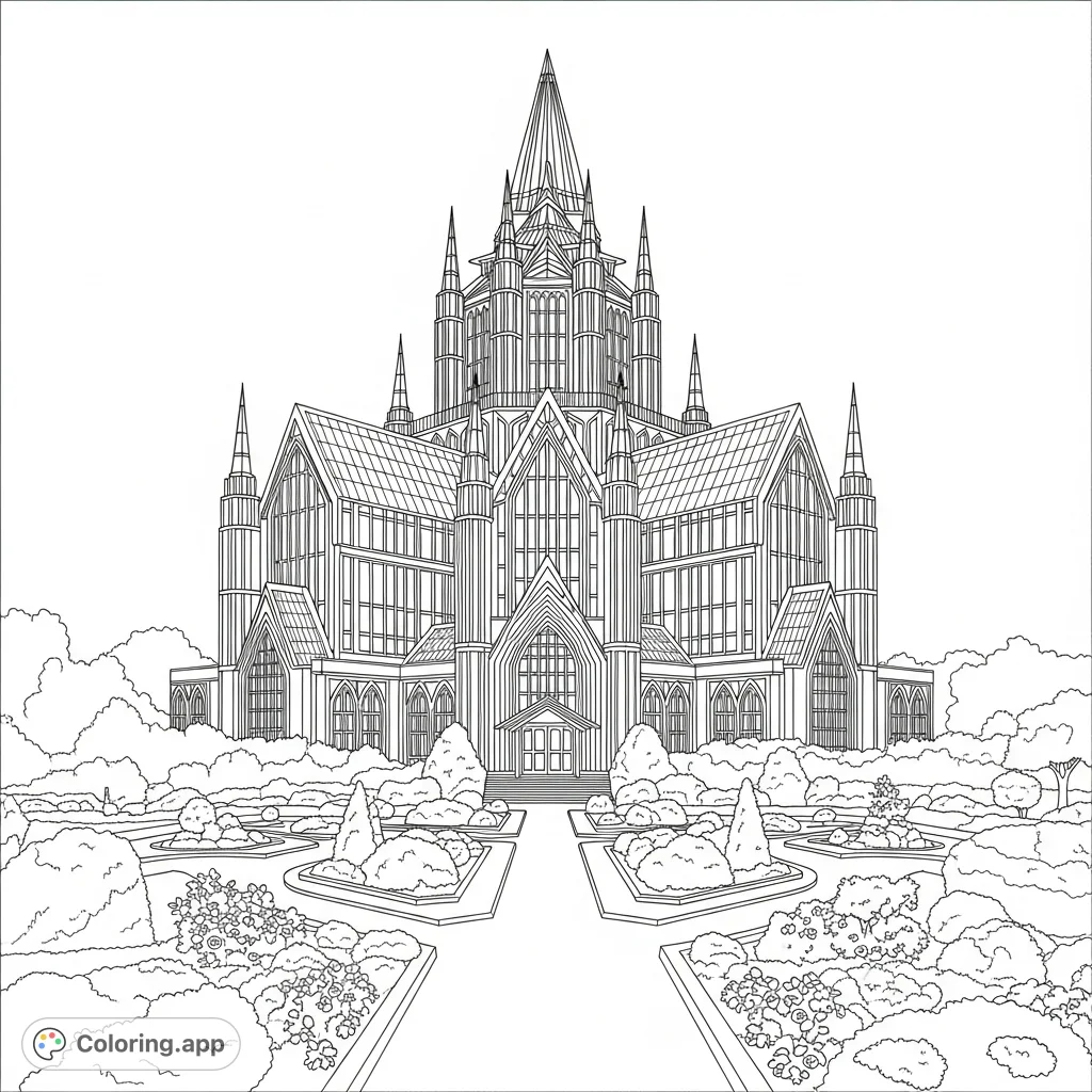 Explore the stunning architecture of the Crystal Cathedral, featuring intricate glass panels and a majestic structure. A detailed architectural coloring page.