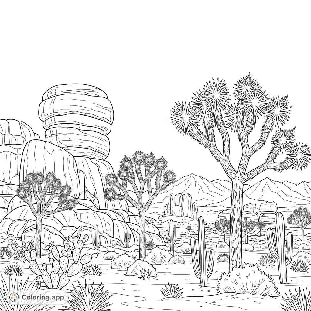 Explore the unique beauty of Joshua Tree National Park. This free printable coloring page features iconic Joshua trees and majestic rock formations in a serene desert landscape.