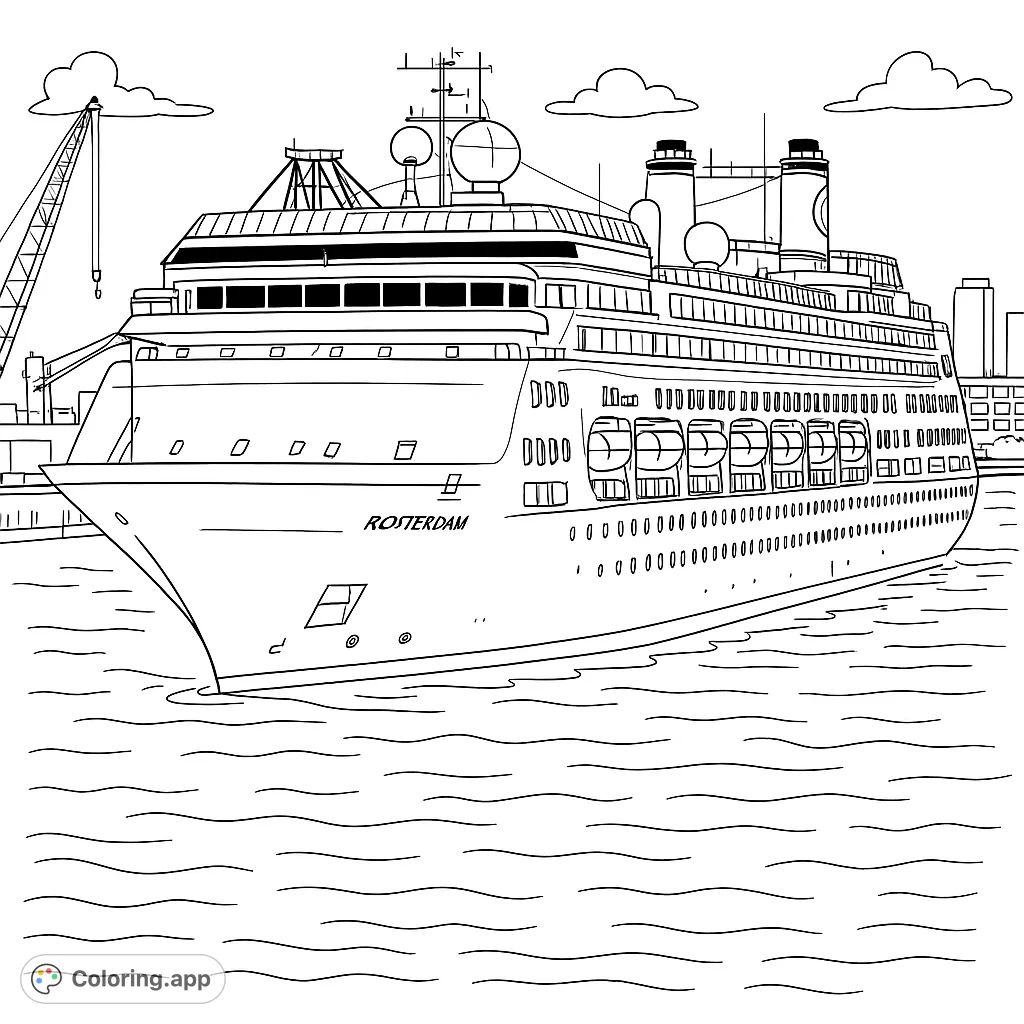 Color a grand cruise ship with intricate details, navigating calm waters against a backdrop of a bustling port and distant city skyline.
