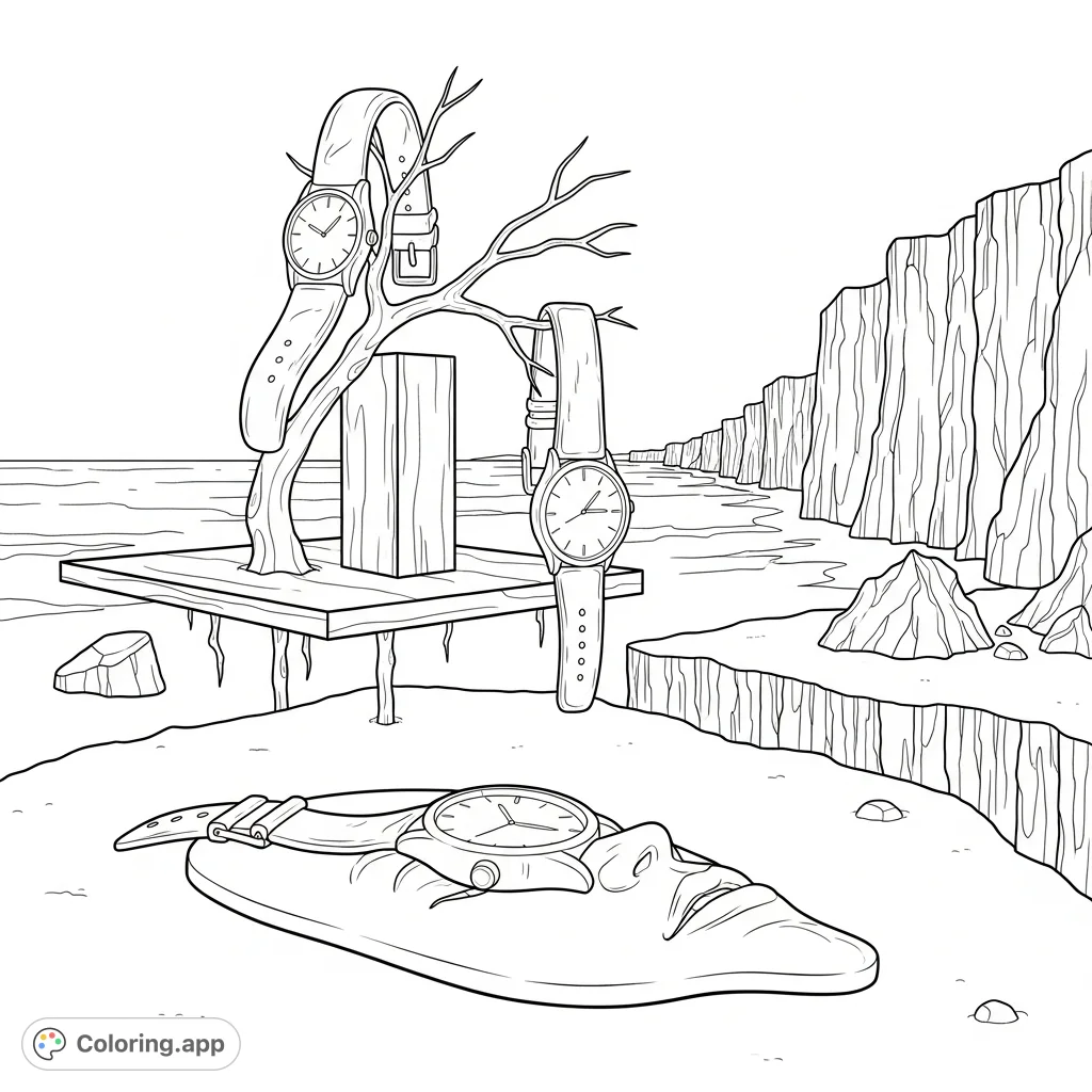 Explore a surreal landscape with fragmented forms and iconic melting watches, inspired by classic art. A challenging, meditative coloring page for art lovers.